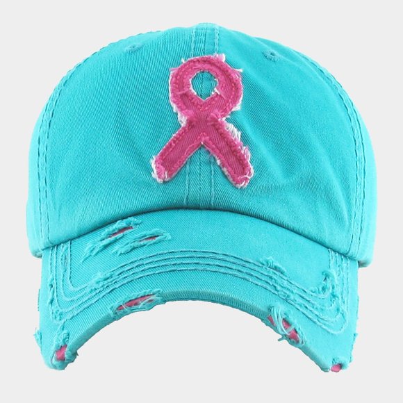 Pink Ribbon Unisex Vintage Distressed Denim Adjustable Baseball Cap - Picture 4 of 5